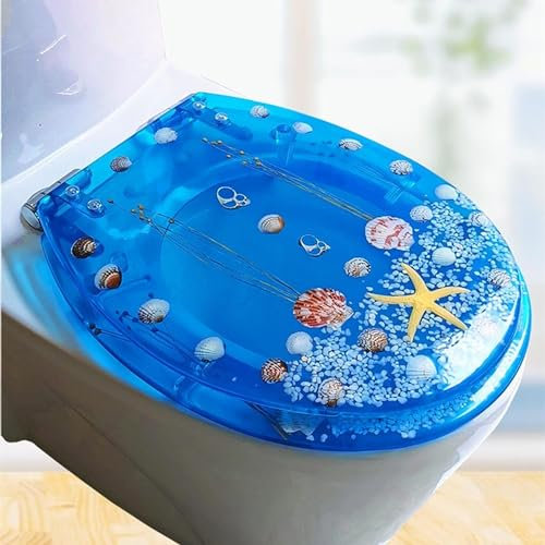 Toilettendeckel Mit Absenkautomatik Lila, Blau, Weiß, Klodeckel, Verdicken WC Sitz, Klobrille 3D-effekt Delfine, Seesterne, Echte Muscheln Und Sand, Schnelle Demontage, Einfach Zu Montieren (H)
