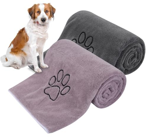 KinHwa Serviette pour Chien Super Absorbant， Grande essuie Patte Peignoir Chien séchage Rapide avec Brodé Patte Impression de Nettoyage pour la Pluie 50cm x 90cm Noir + Gris
