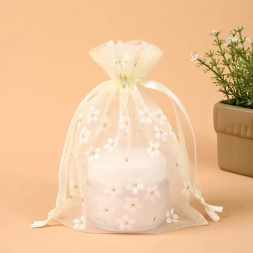 10 Stück 13 x 18 cm bedruckte transparente Organzabeutel, kleine Geschenkbeutel mit Kordelzug für Schmuck, Kosmetik, Weihnachten, Süßigkeiten, Paket, Schnurbeutel, Gelb