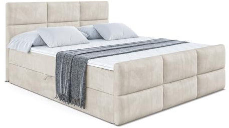 ALTDECOR Boxspringbett mit Matratze und Lattenrost, Boxbett, Topper, Fußteil, Polsterbett mit Bettkasten, Bett mit Stauraum H4-Matratze, Doppelbett, Springboxbett - Ohio-Z - 120x200 Beige Samt