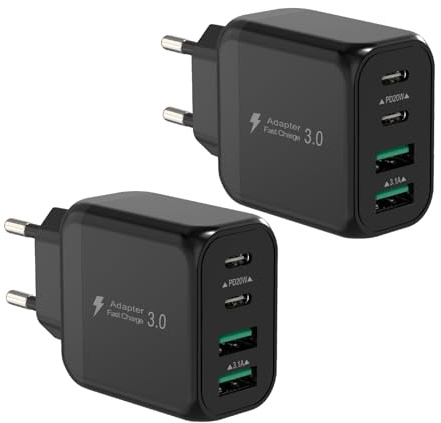 40W USB C Ladegerät, Gcstnn Schnellladegerät 2-Pack 4 Port PD3.0 QC3.0 USB C Ladestecker für iPhone 15 Plus 14 Pro Max 13 Pro 12 Mini 11 SE XS XR 8, iPad, Samsung, Xiaomi, Google Handy-Schwarz