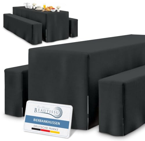 Beautissu Edles 3tlg Biertischhussen Set Blickdicht Bodenlang | 220x50cm Schwarz dicker Stoff knitterfrei Bierbankauflagen Biertischhusse Bierbankhusse Biertisch 50cm Hussen Premium L