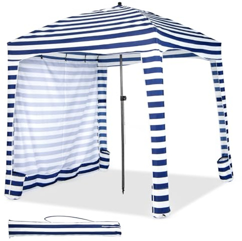 HOMASIS Sombrilla Playa 183 x 183 cm, Tienda Campaña con Cortaviento Plegable Desmontable, Altura Ajustable (215-240 cm), Protección UV, 8 Sacos de Arena, Toldo Camping para Sol