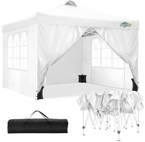 TOOLUCK Hopfällbart lusthus 3 x 3 m vattentätt stabilt vintertätt lusthus festtält trädgård lusthus med ventilation, 4 sidopaneler, 4 sandsäckar, höjdjusterbar, pop-up hopfällbart trädgårdstält, vit
