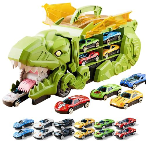 Dinosaur Truck Toys Cars for 2-4 Year Old Boy, Dinosaur Truck Eating Cars Toy, Portable Dinosaur Race Track Truck Toy Car with 8/12 Race Cars, Carrier Truck Vehicles Toys Set for Kids (green-12 cars)