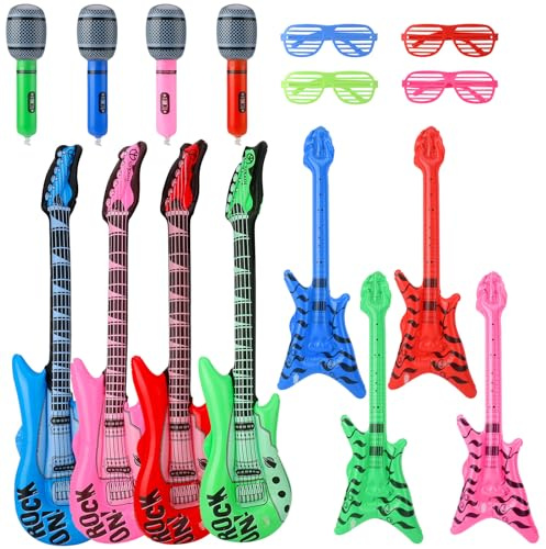 saerryor 16 Pcs Inflatable Party Props, Inflatable Guitar Bass Microphone with Glasses Party Decorations Favors Rock Star Balloon Musical Instrument Photo Props Party Supplies for 70s 80s Disco Party