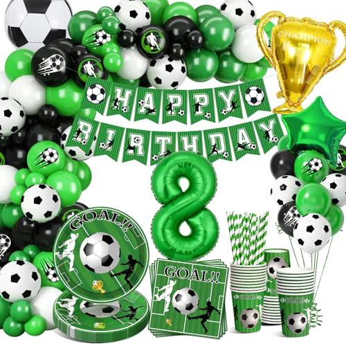 YEJIKJ Fotbollsdekorationer för Födelsedag Barn 8 År, Fotbollsluftballong 8. Födelsedag, Fotbollsfest Dekorationer Festservis Set, Fotbollsfödelsedagsdekoration Pojkar 8 År för Fotbollsfest 16 Gäster