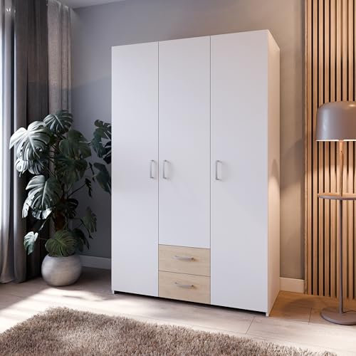 FORTE ECONOBOX Kleiderschrank 120, 3-türiger Drehtürenschrank mit 2 Schubladen und Einlegeböden, Holzwerkstoff, Weiß/Puccini Eiche, 119,4 cm breit, 190,5 cm hoch, 54,4 cm tief