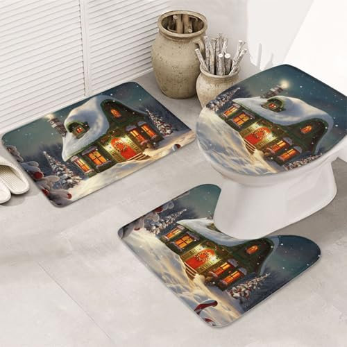 FLYIFE Weihnachts-Badezimmerteppich-Set, bedruckt, rutschfest, 3-teilig, Flanell-Badematte mit U-förmiger WC-Vorleger und WC-Sitzbezug