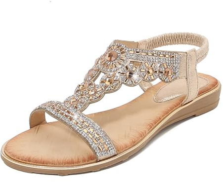 NBOFIEHY Sandals for Women Low Wedge Heel Bohemian Sandals Ladies Diamante Rhinestones Slingback Sandal Flat Open Toe Shoes for Summer Vacation Beach
