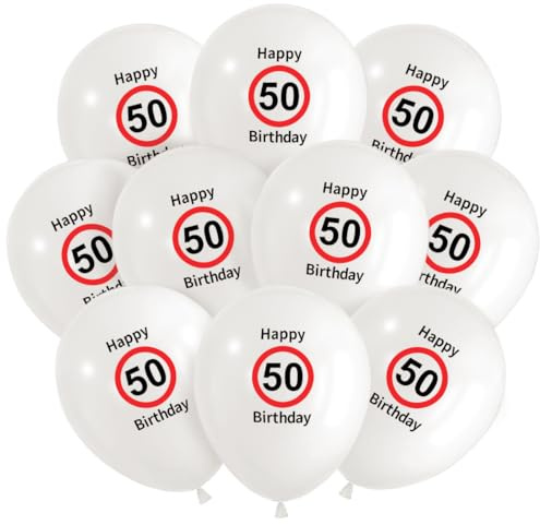 30 Stück Deko 50. Geburtstag Luftballons, 50 Happy Birthday Ballon Rot Weiß, Luftballon 50 Jahre zum Mann Frauen 50 Geburtstagsdeko, Verkehrsschild Geburtstagsfeiern Deko