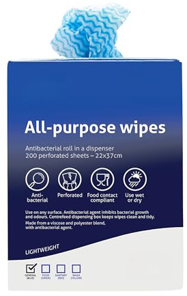 All-Purpose Antibacterial Wipes – 200 Tear-Off Sheets in Gloss Finish Portable Dispenser, Food Contact Safe, Colour-Coded for Hygiene, Inhibits Bacterial Growth (Blue)