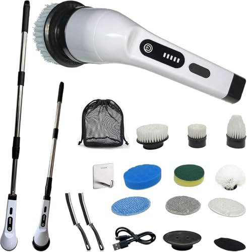 Electric Spin Scrubber, Cordless Electric Cleaning Brush, Shower Scrubber 2 Speeds, 9 Brush Heads, IPX7 Waterproof, Adjustable Long Handle, Suitable for Kitchen, Bathroom, Bathtub, Tile, Floor and Car