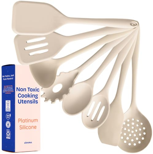 Non-Toxic Platinum Silicone Kitchen Utensil Set of 8 – Non-Scratch Cooking Spoons & Spatulas, 100% Plastic Free, Stainless Steel Core, Heat Resistant 500°F, Beige