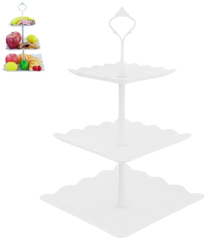 3 Tiers Cake Display Stand, White Afternoon Tea Stands, Plastic Square Cup Cake Fruit Dessert Party Server Plates Stands, Pick and Mix Stand,Reusable Food Serving Platter Stand for Birthday, Wedding