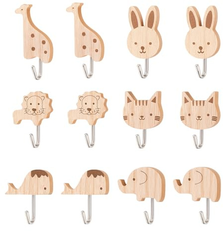 ZexJpr 12 Stück Kinder Garderobe, Selbstklebende Wandhaken aus Holz mit Tierdesign, Garderobenhaken Kinder für Schlafzimmer, Badezimmer und Küche, Kleiderhaken Kinderzimmer Deko