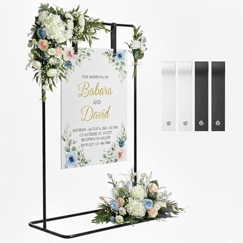GMFRXII Wedding Welcome Sign Stand, Welcome to our Wedding Sign Holder, Black Easel Stand for Sign Poster With Leather Sign Hanging Straps, Linen Sign Stand for Wedding Decor