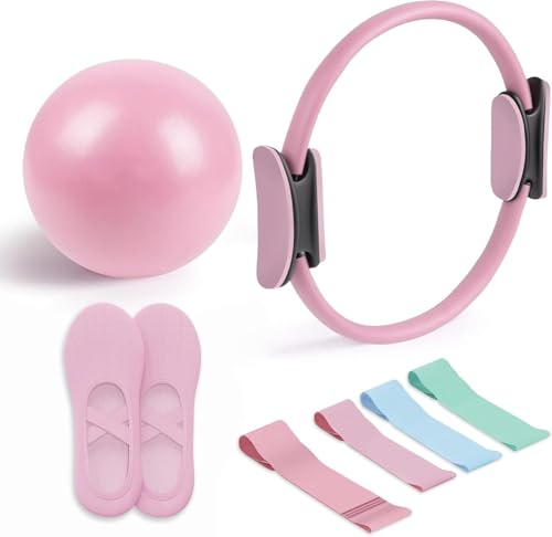 Generisch Pilates Essential Kit - Portable Fitness Equipment - with Toning Pilates Ring & Long Resistance Bands & Loop Bands & Soft Pilates Ball & Grip Socks, Pilates Set Zubehör(Pink)