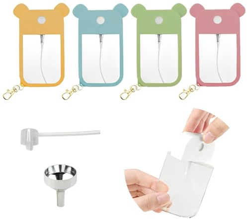 MSLSOZ Confezione da 4 flaconi spray portatili riutilizzabili da 50 ml con ganci e manicotti in silicone, ugello di ricarica e imbuto per disinfettante per le mani e profumi, cosmetici idratanti