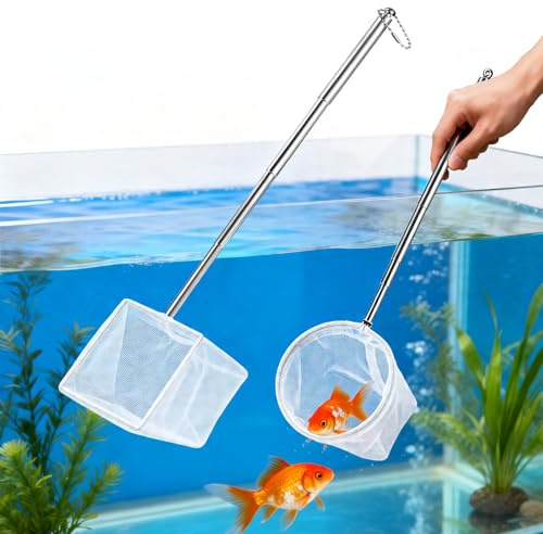 Aquarium Fishing Net Extendable Stainless Steel Handle 8.5x8.5cm Square & 7cm Round White Fine Mesh for Fish Tank, Aquarium,Small Ponds