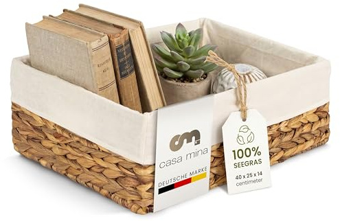 Casa Mina Korb Aufbewahrung L40xW25xH14cm 100% natürlich aus Wasserhyazinthe I Regalkörbe mit Griffen für jeden Raum I Aufbewahrungskorb für Spielzeug | Badezimmer Organizer