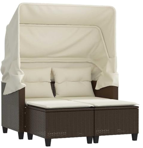 Mhdvray Gartensofa 2-Sitzer mit Dach & Hockern braun 123 x 65 x 155 cm PE-Rattan wetterfest Lounge Sofa Outdoor für Balkon Terrasse und kleine Gärten