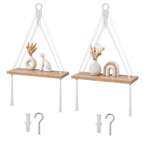 LMSAWK 2er Set Boho Deko Schweberegal, Chic Schwimmende Regale, Makramee Wandbehang Regal Wand, Natürliches Treibholz Hängeregal, für Wohnzimmer, Schlafzimmer, Badezimmer, Balkon