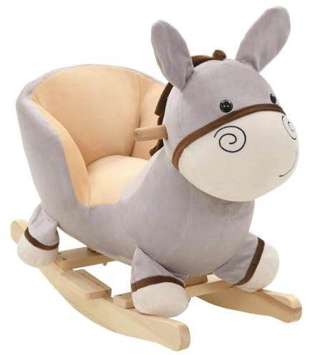 GeenYuu Schaukeltier Esel mit Rückenlehne Plüsch Grau 60x32x55 cm Kinder Schaukelpferd Wippe Reittier Holz Indoor Outdoor Geschenk für Kleinkind Jungen Mädchen Spielspaß