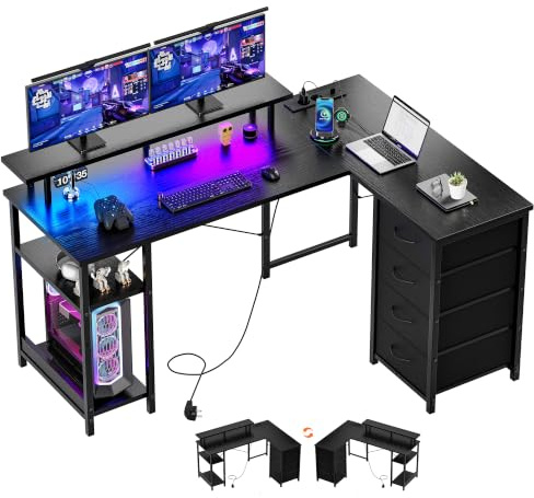 YOUDENOVA Escritorio con 4 Cajones, 142x107cm, Escritorio Esquinero Reversible con LED y Enchufe, Escritorio Gaming en L con Soporte para Monitor, Mesa Escritorio para Home Office y Gamer, Negro