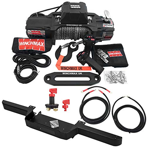 Winchmax Cabrestante Militar 12v SL de 13500 Libras (6123 kg). Parachoques Defensor. Cuerda de Dyneema 28 m x 11 mm. Gancho de competición. Mando a Distancia inalámbrico y desmontador.