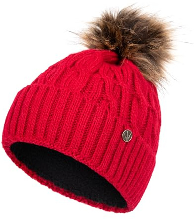 HEYO Vintermössa för damer med fuskpäls pom pom | slouch beanie lång vinter H18527 | varm stickad mössa kvinna (röd), Röd