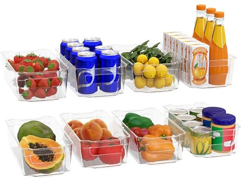 KICHLY Organizadores para la despensa - Juego de 8 -Compartimentos de almacenamiento para la cocina, despensa, armarios, encimeras y refrigerador - sin BPA (Transparente)