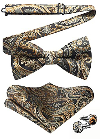 HISDERN Herren Paisley Fliege und Einstecktuch mit Manschettenknöpfe Set,Schleife mit Haken - Bereits Gfebunden，Verstellbare Fliege,Vorgebundene Fliege,für Hochzeit Sfeier Weihnachten Halloween