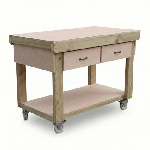 Arbor Garden Solutions Mobile V.1 Workbench, Eucalyptus Hardwood Plywood Top – Heavy Duty Garage Station with Drawers, Shelf & Wheels (5ft Length)