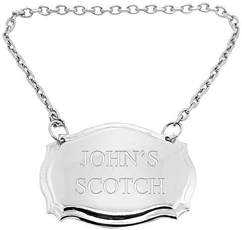 Etiqueta de decantador chapada en plata con grabado de cualquier nombre, cualquier bebida.