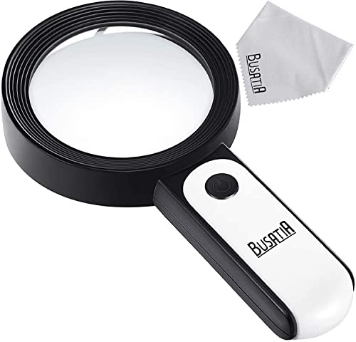 BUSATIA Lente di Ingrandimento 30X Illuminata con 18 LED, Grande Lente d’ingrandimento con Luce Palmare, Lente in Vetro da 100mm con 3 Modalità - con Un Panno per Pulizia (White + Black)