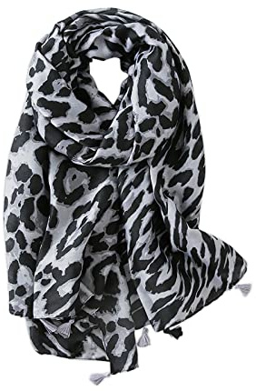 LumiSyne Damhalsduk chic leopard djurtryck mode klassisk bomull linne halsdukar med tofsar lång varm solskyddande sjal wrap alla årstider, Grå, en storlek