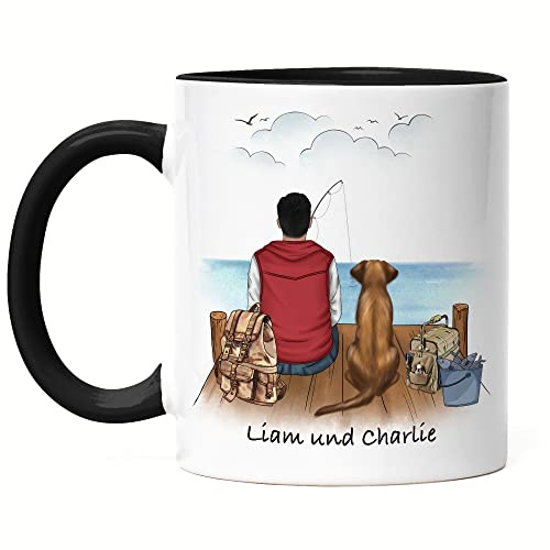 Kiddle-Design Angler & Hund Tasse Schwarz Personalisiert Individuell mit Name Angeln Fischen Geschenk Opa Vater zum Vatertag Angelschein