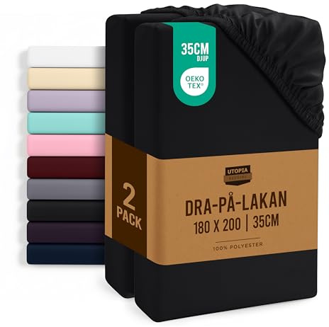 Utopia Bedding Set med 2 Dra-på-lakan, 35 cm djupa, OEKO-TEX-certifierad, lättskött mjuk borstad mikrofiber, krymp- och blekningsbeständiga (180 x 200 cm, Svart)