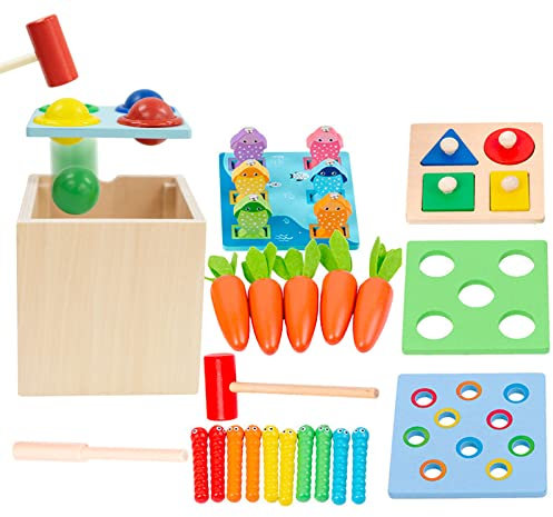 Montessori Spielzeug für 1 2 Jahre 5 in 1 Sortier Stapelspielzeug alt Hämmerndes Hämmerndes Spielzeug Angelspiel Karottenerntespielzeug Formsortierer Käferfangspiel Spielzeug Geschenke für Jungen