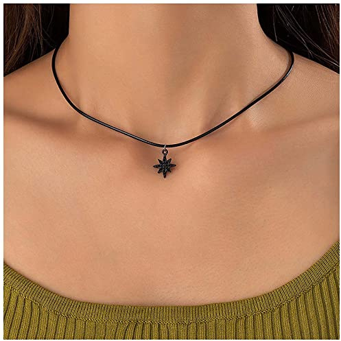Inateannal Gothic Black Leather Choker Necklace Short Black Northstar Pendant Necklace Vintage Leather Cord Necklaces Starburst Collar Necklaces Jewelry for Women