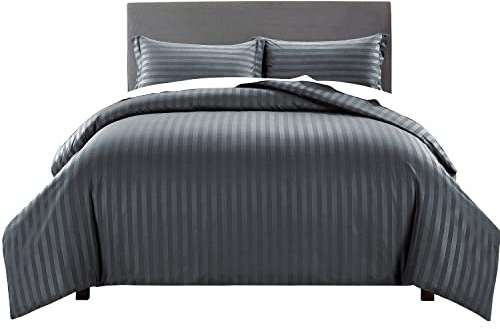 Yorkshire Bedding King Size Duvet Cover Sets Stripes Satin Hotel Quality Bedding Set with Pillowcases Soft Microfiber Duvet Covers (Charcoal 230x220 Cm)