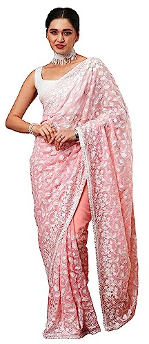 AKHILAM Dam botanisk broderad designer organza-sari med osydd blusdel (7KAVI701), Rosa, One Size