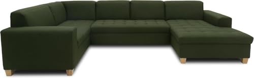 DOMO. collection Wohnlandschaft Sugar, Bettfunktion & Stauraum, grün | Longchair rechts mit Bettfunktion und Stauraum, U-Form Sofa mit Steppung und klassischem Design, 162 x 333 x 199 cm (BxTxH)