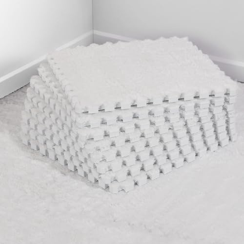 12 pcs Thickened Plush Foam Interlocking Floor Mat, Interlocking Foam Tiles with Edgings for Baby, Soft Anti-Slip Puzzle Area Square Rug Playmat for Children Room Bedroom(11.8, White)