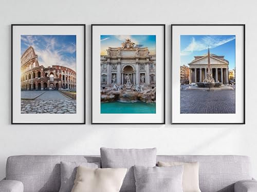 Eviepops Prints Rome Landscape Set of 3 Unframed Poster Prints, Photographic City Wall Art, Home Décor, Colosseum, Trevi Fountain, Pantheon, Roman Architecture, Sunset in Rome Italy (A3)