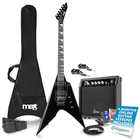 Max GigKit Wireless Electric Guitar Starter Pack - V-Style 24-Fret Guitar with 40W Amp, Wireless UHF System, Lessons & Essential Accessories for Beginner Electric Guitars - Gloss Black Finish