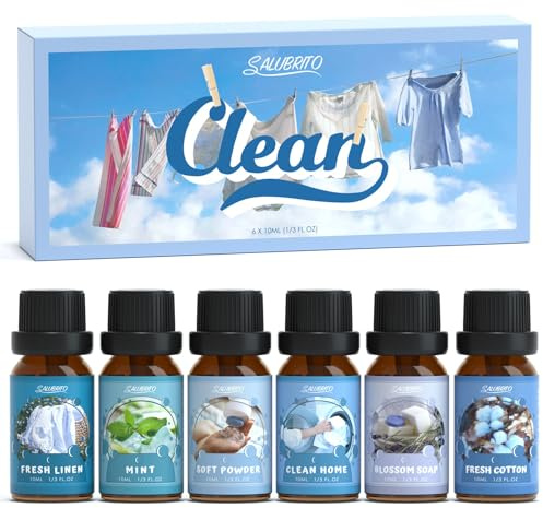 SALUBRITO Clean Essential Oils Set, Fresh Cotton, Clean Home, Fresh Linen, Soft Powder, Blossom Soap, Mint Scented Oils for for Diffuser, Candle, Soap Making