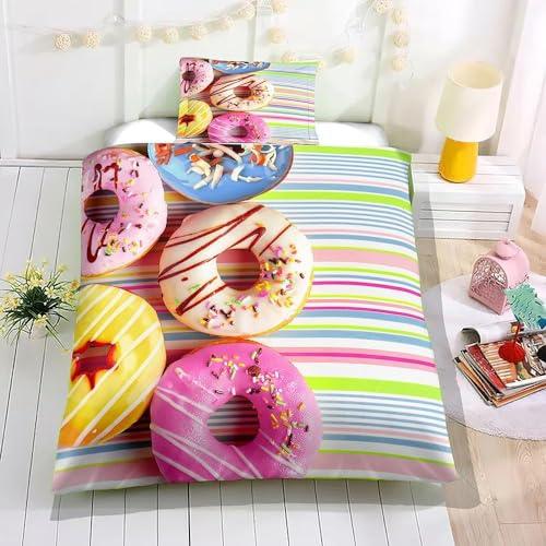 Copripiumino 160x200 Ciambelle Stampa 3D Set Copripiumino Ciambelle Morbido Microfibra Biancheria da Letto Ciambelle, Copripiumone con 2 Federe con Cerniera F2570