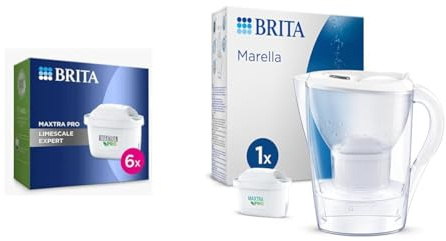 BRITA MAXTRA PRO Limescale Expert Water Filter Cartridge,Pack of 6 & Marella Water Filter Jug White (2.4 Litre) with 1x MAXTRA PRO All-in-1 Cartridge - Fridge-Fitting jug with Digital LTI
